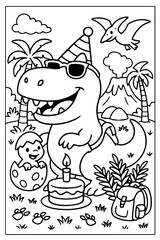 Cheerful Dinosaur Wearing Sunglasses Celebrating Birthday with Cake and Friends.