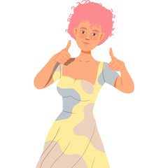 Pixelated Young Woman with Pink Curly Hair and Freckles Wearing a Yellow and Blue Dress Giving Thumbs Up