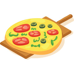 Delicious Whole Pizza Topped with Tomatoes Olives and Green Peppers on a Wooden Peel Against a Transparent Background