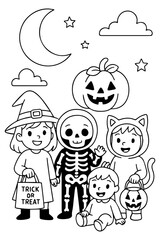 Halloween Cartoon Children in Costumes with Moon Stars Clouds and Pumpkins.