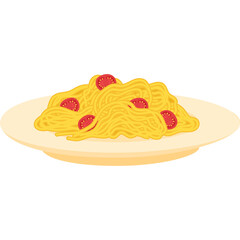 Plate of Delicious Yellow Spaghetti Pasta With Red Cherry Tomatoes and Light Yellow Sauce on a White Plate