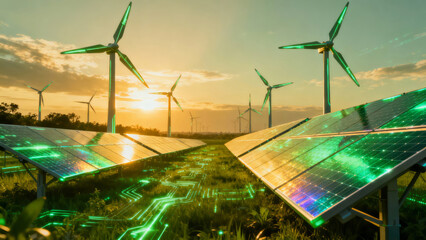 Renewable energy sources with solar panels and wind turbines