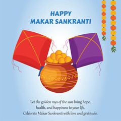Red and purple kites hover over pot of gold coins Makar Sankranti vector