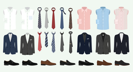 Clothing collection features shirts ties suits  shoes arranged in rows against a light background