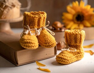 Handmade yellow knit baby booties arranged with book and flowers