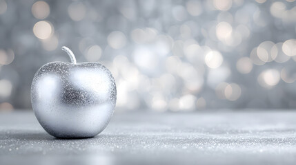 Shiny silver apple on a blurred sparkling background during a festive celebration