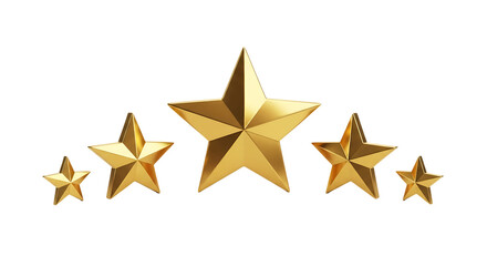 Five golden stars in a row perfect rating on transparent background