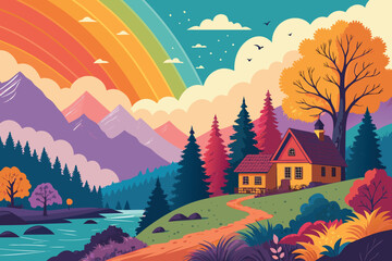 autumn landscape with trees colorful abstract pattern background. template summer concept. vector illustration	