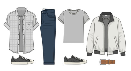 Fashion outfit including shirt tee jacket jeans belt  sneakers