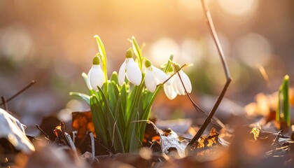 Springtime snowdrop flowers in a forest setting, bathed in golden light