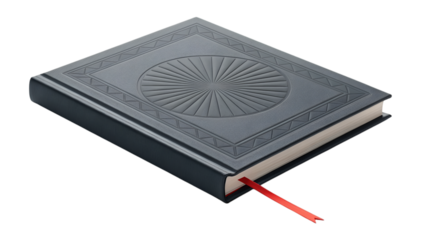 Ancient holy book with embossed cover and red bookmark on black background
