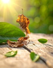 Sunlight shines on a dry leaf amidst others, on wood, with blurred background