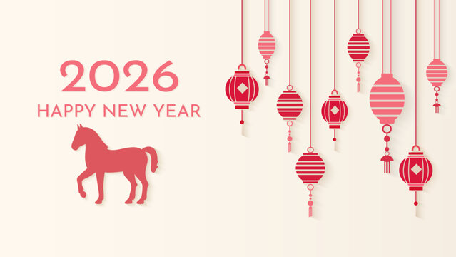 A festive horse backdrop for Chinese New Year 2026. This Chinese New Year 2026 design features a red horse silhouette and lanterns. Celebrating the Year of the Horse.