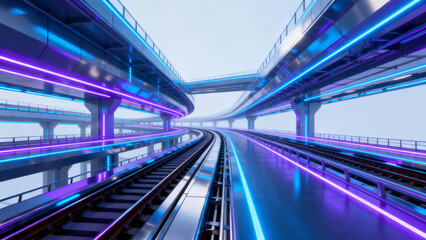 Futuristic elevated railway with vibrant neon lights