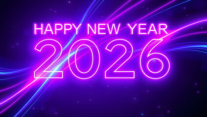 Happy New Year background image with glowing pink and blue neon streaks, bright neon 2026 text, and a futuristic festive celebration style.