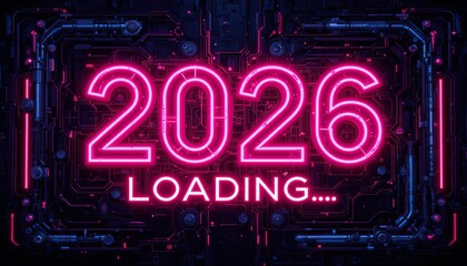 Cyberpunk neon 2026 loading screen with futuristic digital circuit board background
