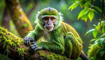 Green Monkey Portrait in Lush Rainforest Setting.
