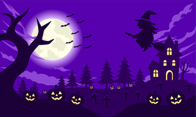 Witch Flying Over Haunted Forest with Pumpkins and Full Moon