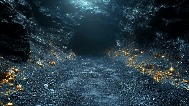 Dark cave with golden deposits and rocky walls