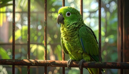 Green Parrot Perched in Cage - A Captivating Avian Portrait.
