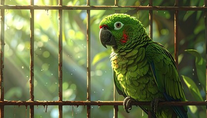 Green Parrot Perched on Cage Bars in Natural Light.