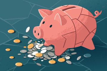 Extreme close-up of a cracked porcelain piggy bank shattered, golden coins spilling out onto a distressed wooden surface, showing meticulous detail.