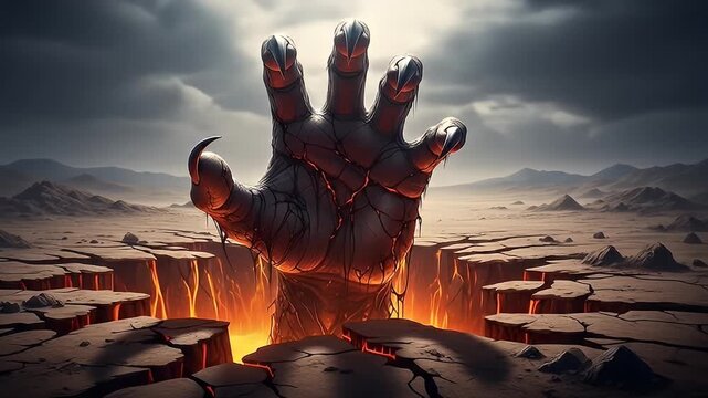 Massive, clawed hand rises from a cracked, fiery landscape under a cloudy, ominous sky