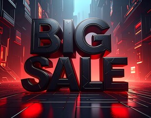 Futuristic, neon-lit cityscape showcases bold "BIG SALE" text
