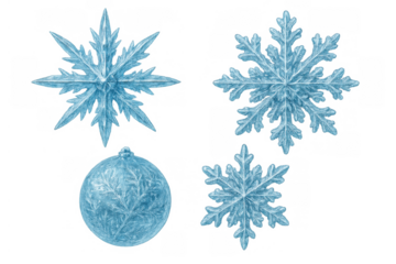 Winter ice crystal decorations including intricate snowflakes and a frosted bauble on a transparent background