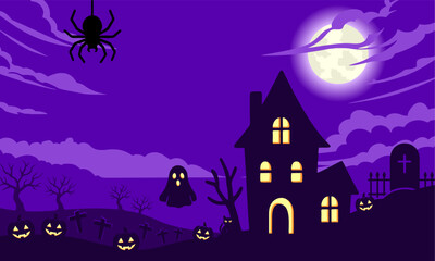 Haunted House with Ghost and Spider under Full Moon