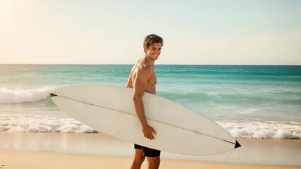Smiling surfer holding surfboard on the beach with turquoise sea behind