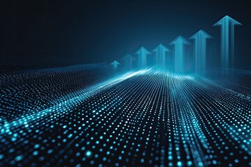 Abstract visual of bright blue arrows ascending from a glowing dotted surface into the dark