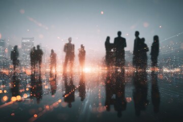 Blurred silhouettes of a diverse group stand before a cityscape, illuminated with digital light