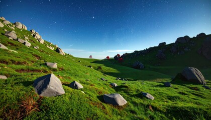 Green Valley Landscape with Rocks and Blue Sky.