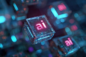 Close-up, glowing cubes with "ai" floating over a microchip background, symbolizing technology