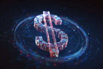 A digital, transparent dollar sign, illuminated within a network of glowing blue and red lines