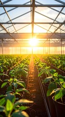 Greenhouse Cultivation - Rows of Seedlings Bathed in Sunlight.