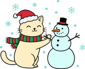 Adorable Cat Wearing Santa Hat and Scarf Building a Snowman in Winter | Cute Christmas Illustration