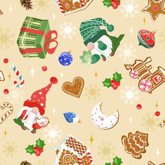 A beautiful New Year's design featuring gnomes and Christmas gingerbread cookies against a beige backdrop. Perfect for decorating textiles and packaging.