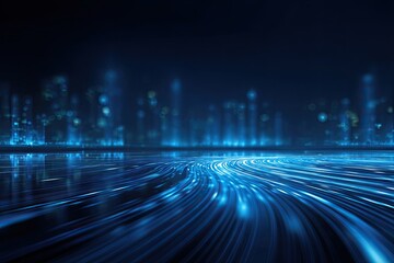 Abstract digital blue light trails, resembling streams, leading to a city skyline