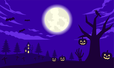 Dark Forest with Pumpkins, Bats, and Crow under Moonlight