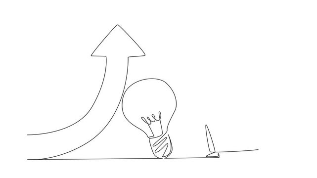 Animation of continuous one line drawing Arab businessman pushes a lightbulb that holds an arrow that it turns upwards. Time for excess profit. National Creativity Day. Full length motion