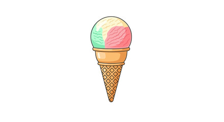 A vibrant three-scoop ice cream cone featuring vanilla, strawberry, and mint flavors in a classic waffle cone.