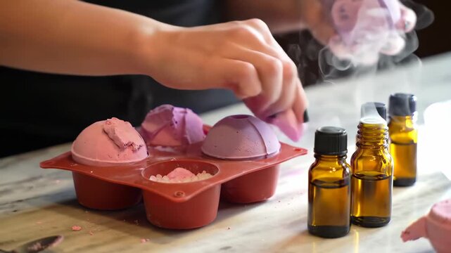 Crafting effervescent spherical bath products in silicone mold with essential oil bottles nearby