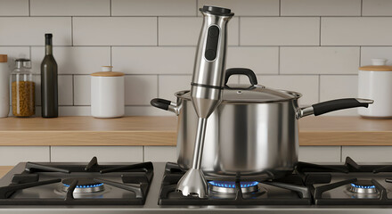 Stainless steel pot and immersion blender on a gas stove in a modern kitchen. A home cook prepares a meal with kitchen appliances in a clean, well-lit contemporary kitchen setting.