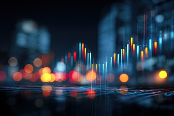 Digital financial graph overlaying city lights at night, stock market data visual