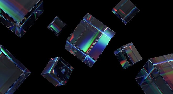 Abstract 3D render of floating glass cubes showing chromatic dispersion on black background.
