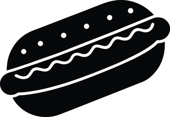 Simple black and white silhouette illustration of a classic hot dog with mustard in a bun