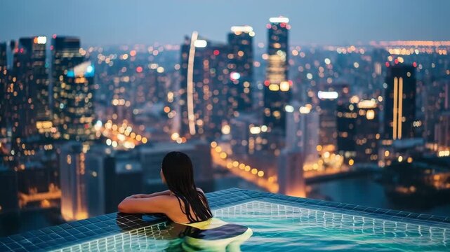 Woman relaxing in rooftop swimming pool with city skyline at night time