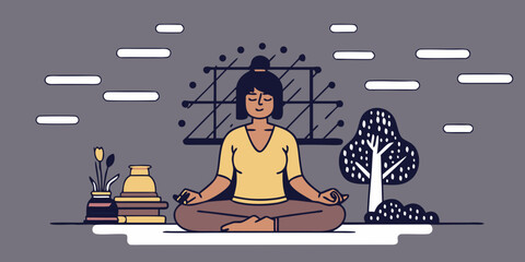 Illustration of a woman meditating in a room with a tree, books, and abstract wall art decor